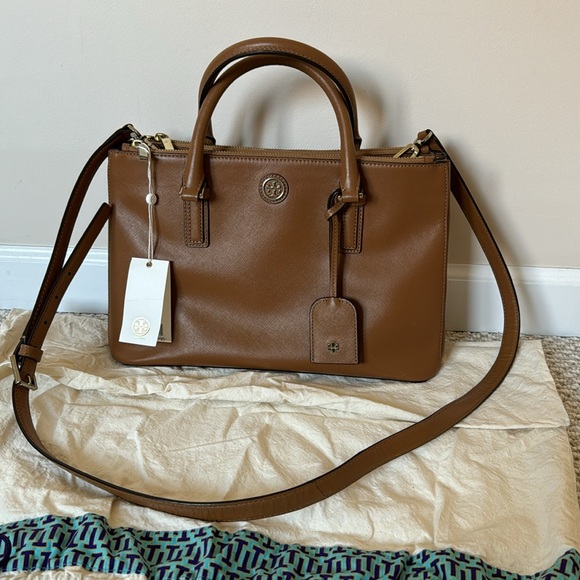 Tory Burch Tigers Eye Brown Saffiano Leather Robinson Mini Double-Zip Tote - Picture 3 of 17